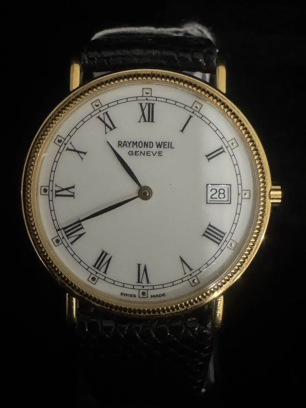 #137 Raymond Weil Gold Case White Dial Watch with Black Leather Strap